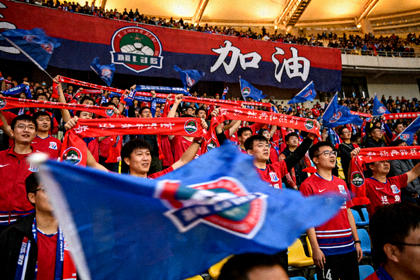 球迷在体育场看台上为球队加油，手中挥舞围巾与助威旗帜