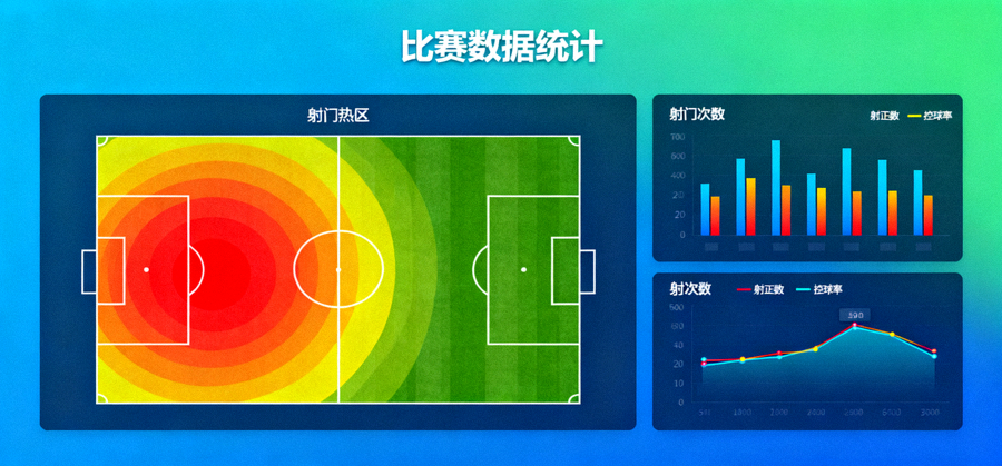体育数据可视化界面，显示射门分布热区与比赛统计图表